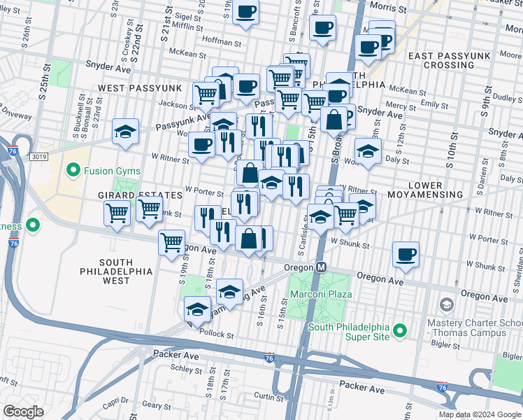 map of restaurants, bars, coffee shops, grocery stores, and more near 2514 South Bancroft Street in Philadelphia