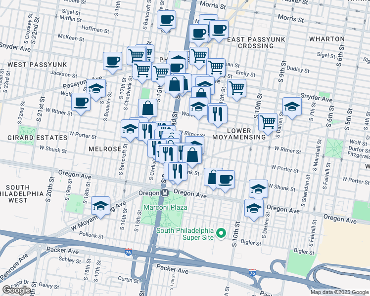 map of restaurants, bars, coffee shops, grocery stores, and more near 2445 South Juniper Street in Philadelphia