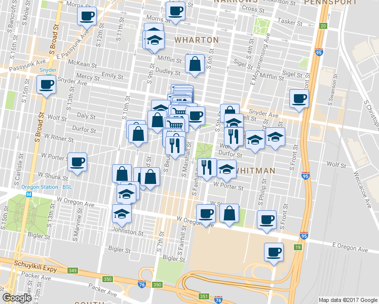 map of restaurants, bars, coffee shops, grocery stores, and more near 2335 South Marshall Street in Philadelphia