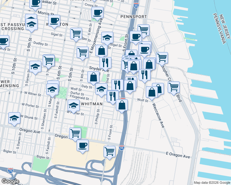 map of restaurants, bars, coffee shops, grocery stores, and more near 2235 South Front Street in Philadelphia