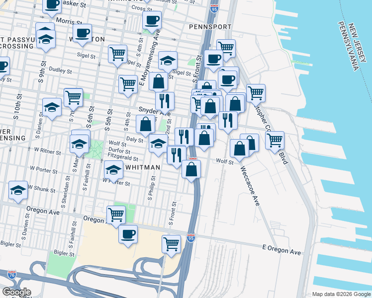 map of restaurants, bars, coffee shops, grocery stores, and more near 2235 South Front Street in Philadelphia
