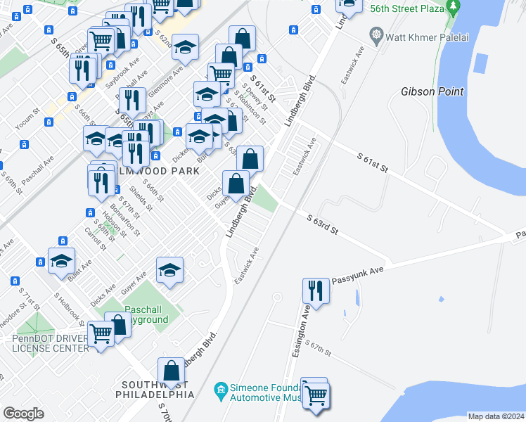 map of restaurants, bars, coffee shops, grocery stores, and more near 2835 South 64th Street in Philadelphia
