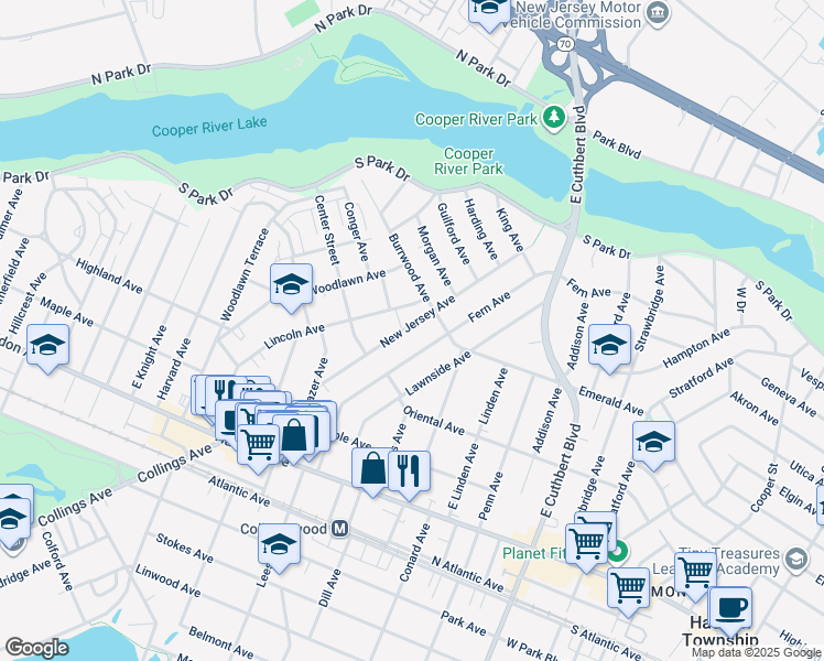 map of restaurants, bars, coffee shops, grocery stores, and more near 224 New Jersey Avenue in Collingswood