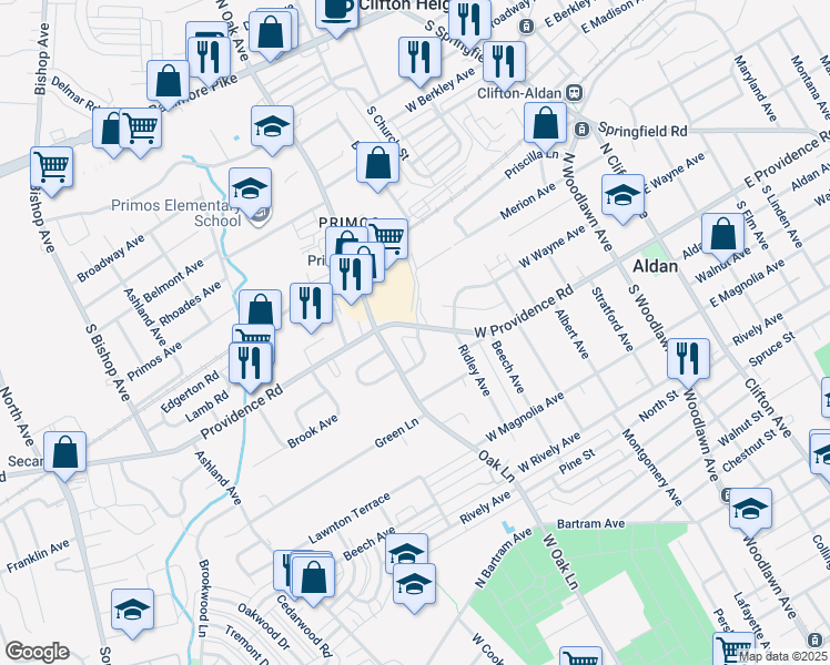 map of restaurants, bars, coffee shops, grocery stores, and more near 618 West Providence Road in Aldan