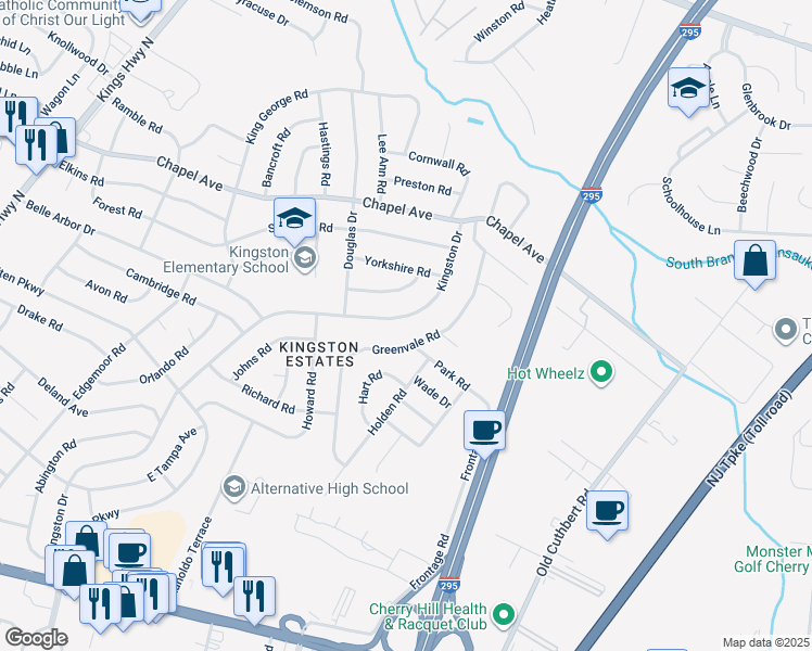 map of restaurants, bars, coffee shops, grocery stores, and more near 418 Kingston Drive in Cherry Hill