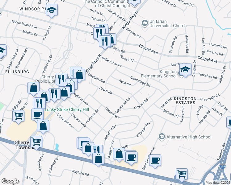 map of restaurants, bars, coffee shops, grocery stores, and more near 219 Drake Road in Cherry Hill