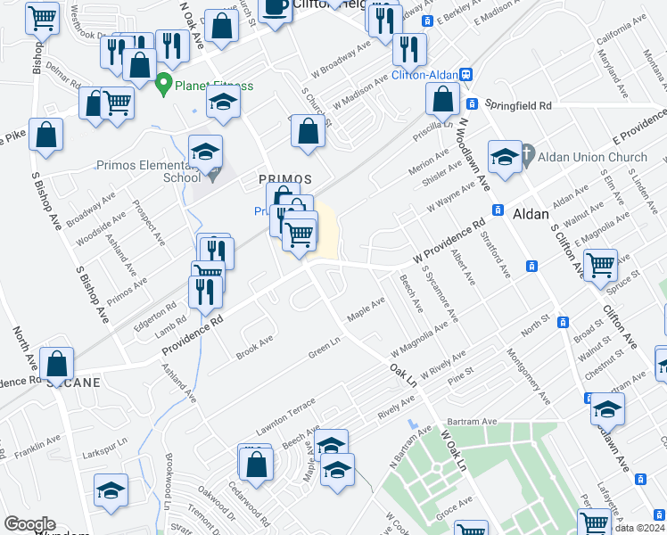 map of restaurants, bars, coffee shops, grocery stores, and more near 618 West Providence Road in Aldan