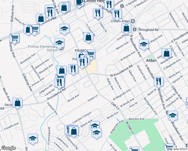 map of restaurants, bars, coffee shops, grocery stores, and more near 628 West Providence Road in Aldan