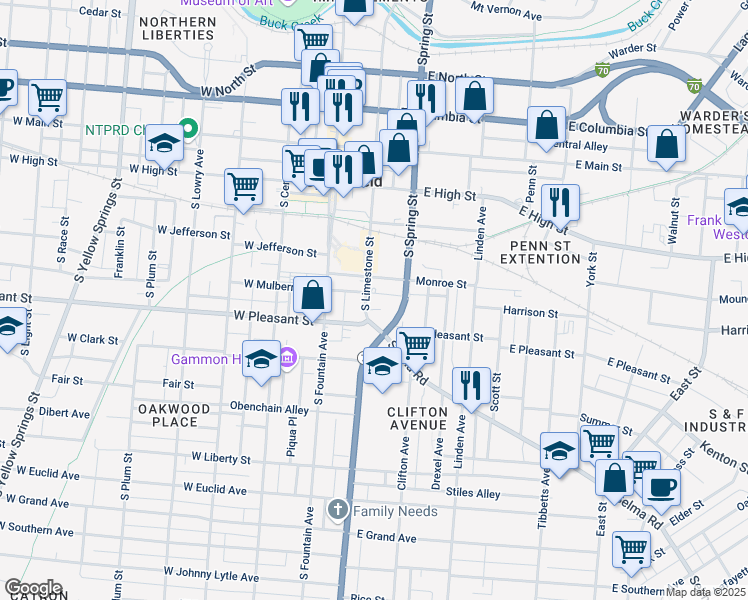 map of restaurants, bars, coffee shops, grocery stores, and more near 121 East Mulberry Street in Springfield