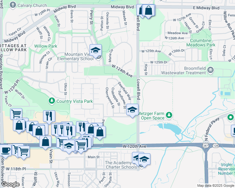 map of restaurants, bars, coffee shops, grocery stores, and more near 12241 Sunflower Street in Broomfield
