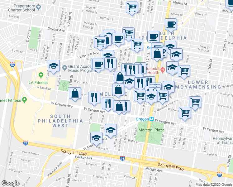 map of restaurants, bars, coffee shops, grocery stores, and more near 2520 South 17th Street in Philadelphia