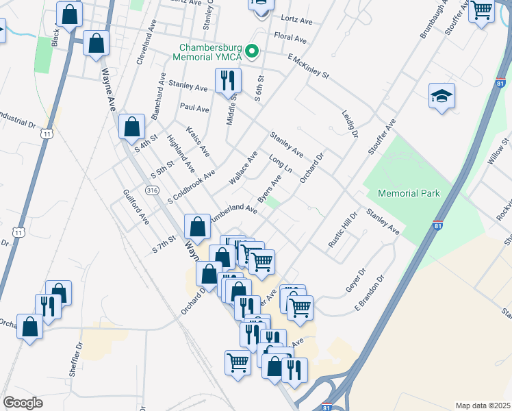 map of restaurants, bars, coffee shops, grocery stores, and more near 1011 Byers Avenue in Chambersburg