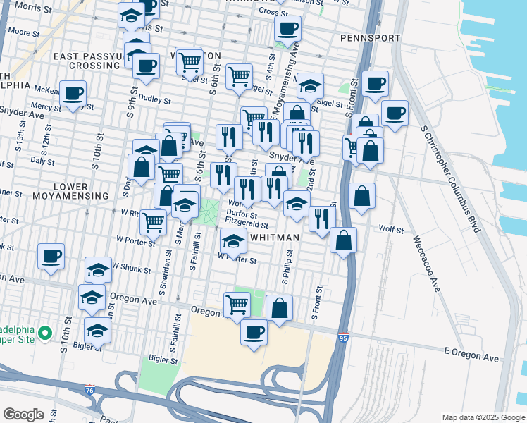 map of restaurants, bars, coffee shops, grocery stores, and more near 332 Wolf Street in Philadelphia