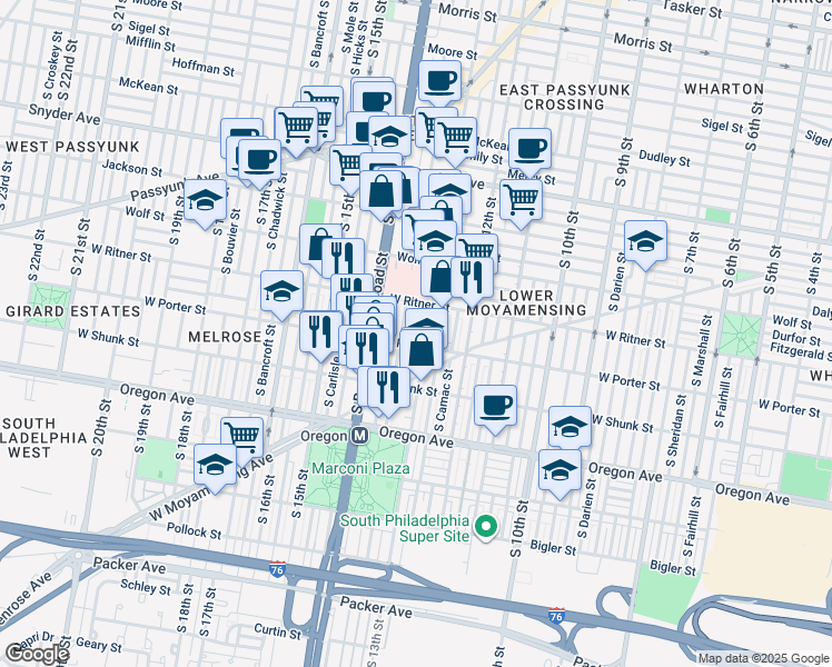 map of restaurants, bars, coffee shops, grocery stores, and more near 2441 South Clarion Street in Philadelphia