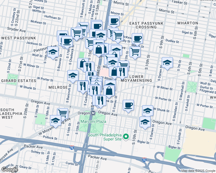 map of restaurants, bars, coffee shops, grocery stores, and more near 2441 South Clarion Street in Philadelphia