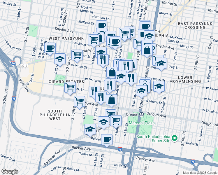 map of restaurants, bars, coffee shops, grocery stores, and more near 2520 South 17th Street in Philadelphia
