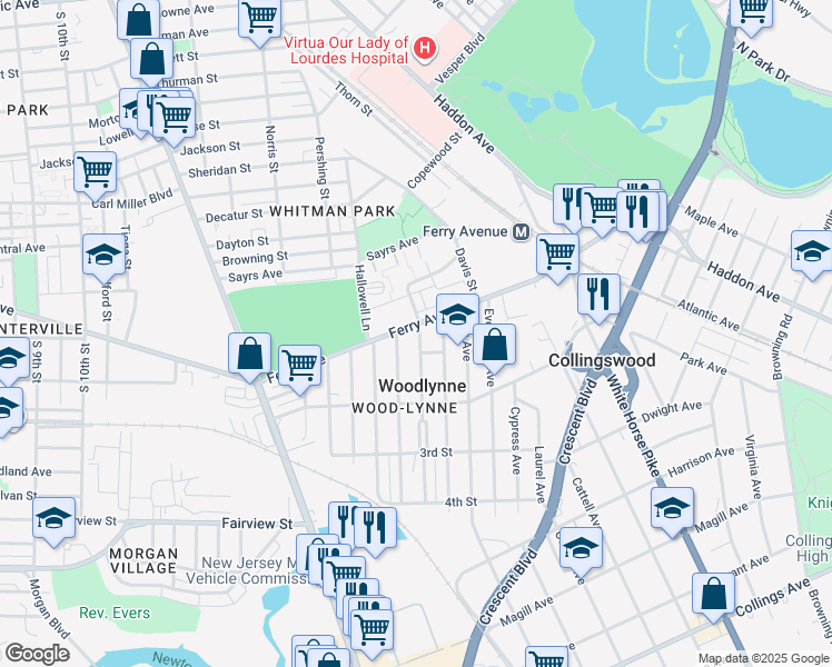 map of restaurants, bars, coffee shops, grocery stores, and more near 105 Cooper Avenue in Woodlynne