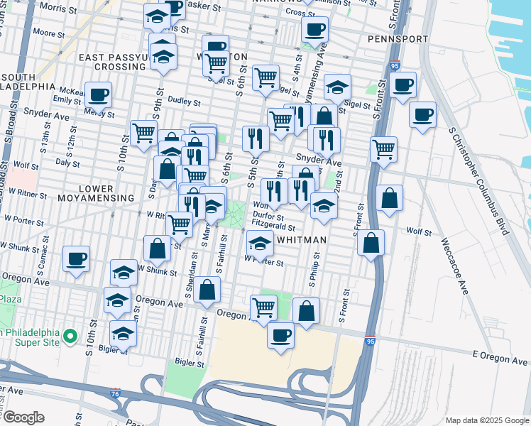 map of restaurants, bars, coffee shops, grocery stores, and more near 413 Durfor St in Philadelphia
