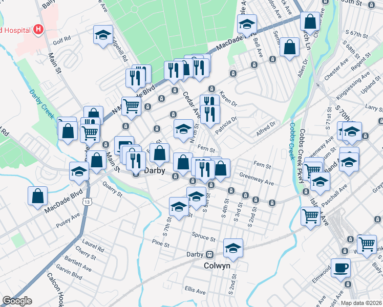 map of restaurants, bars, coffee shops, grocery stores, and more near 705 Greenway Avenue in Darby