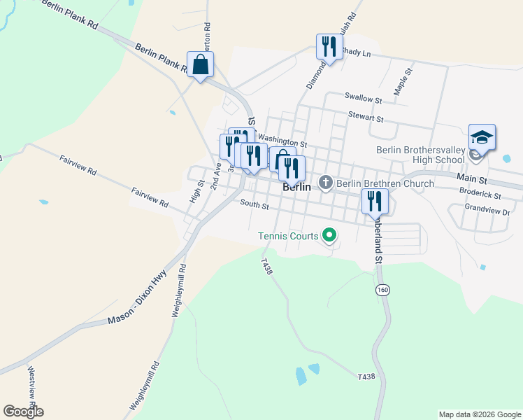 map of restaurants, bars, coffee shops, grocery stores, and more near 404 South Street in Berlin