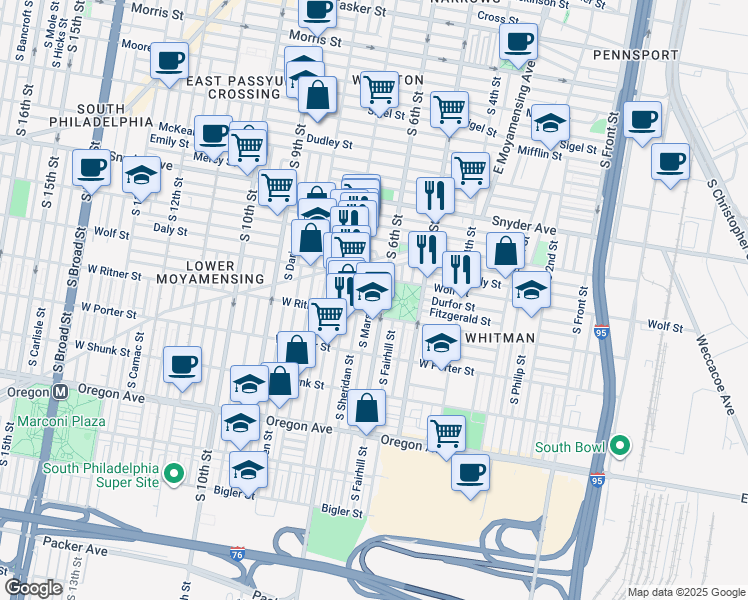 map of restaurants, bars, coffee shops, grocery stores, and more near 2333 South Marshall Street in Philadelphia