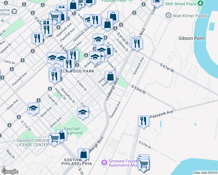 map of restaurants, bars, coffee shops, grocery stores, and more near 6412 Dorel Street in Philadelphia
