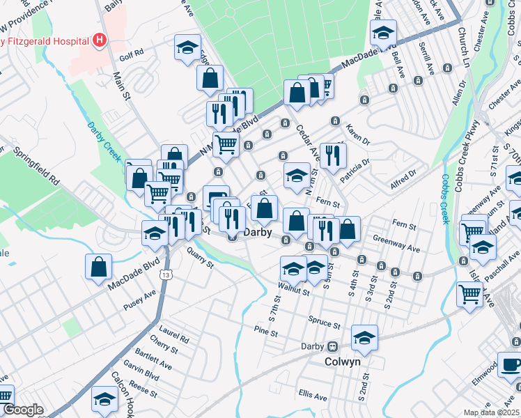 map of restaurants, bars, coffee shops, grocery stores, and more near 123 Verlenden Avenue in Darby