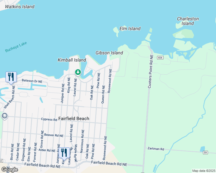 map of restaurants, bars, coffee shops, grocery stores, and more near 13667 Rosewood Road Northeast in Thornville