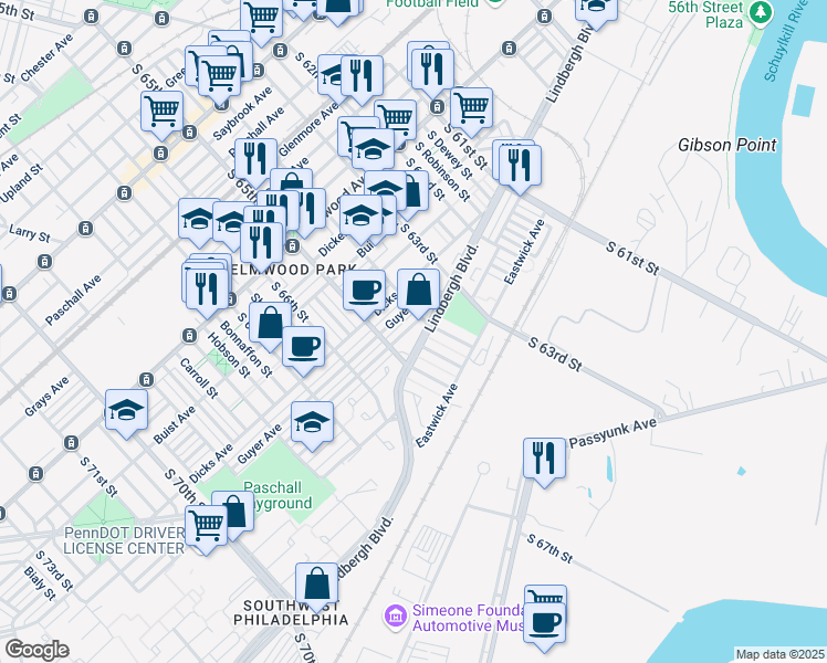 map of restaurants, bars, coffee shops, grocery stores, and more near 6412 Dorel Street in Philadelphia
