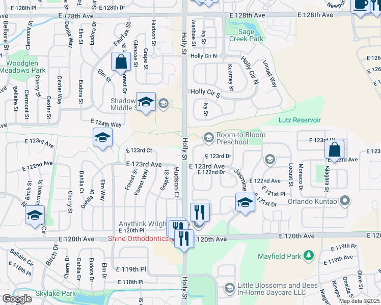map of restaurants, bars, coffee shops, grocery stores, and more near 12351 Ivanhoe Street in Brighton