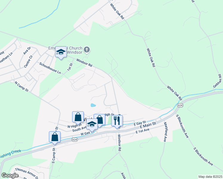 map of restaurants, bars, coffee shops, grocery stores, and more near 78 North Penn Street in Windsor