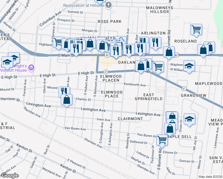map of restaurants, bars, coffee shops, grocery stores, and more near 273 South Arlington Avenue in Springfield