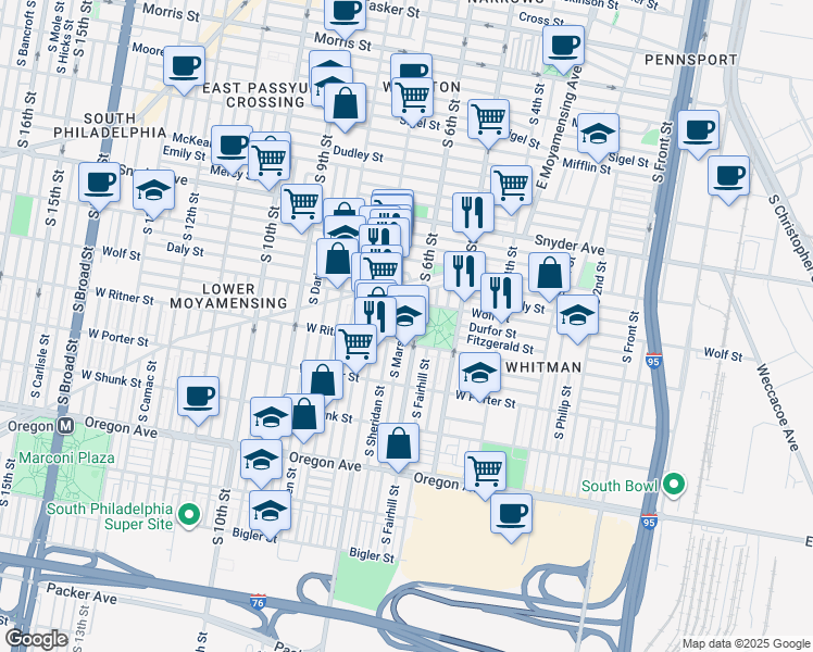 map of restaurants, bars, coffee shops, grocery stores, and more near 2333 South Marshall Street in Philadelphia