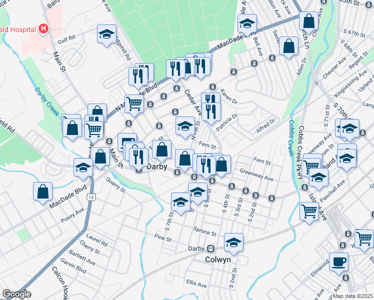 map of restaurants, bars, coffee shops, grocery stores, and more near 705 Greenway Avenue in Darby