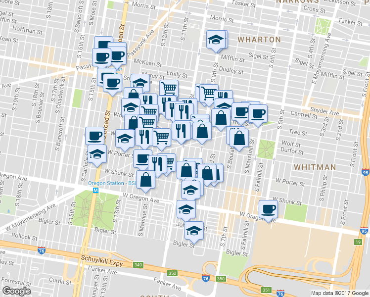 map of restaurants, bars, coffee shops, grocery stores, and more near 2405 South 10th Street in Philadelphia