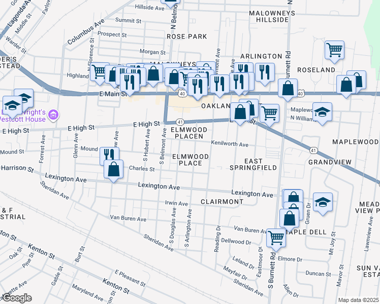 map of restaurants, bars, coffee shops, grocery stores, and more near 273 South Arlington Avenue in Springfield