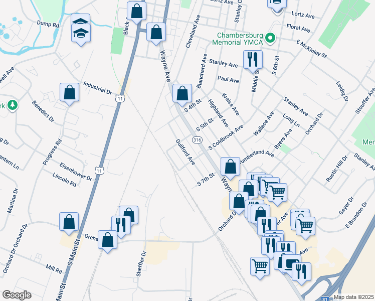 map of restaurants, bars, coffee shops, grocery stores, and more near 537 Guilford Avenue in Chambersburg
