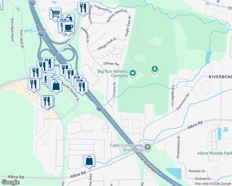 map of restaurants, bars, coffee shops, grocery stores, and more near 1584 Covina Drive in Columbus