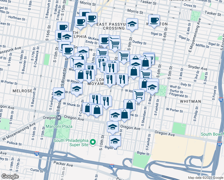 map of restaurants, bars, coffee shops, grocery stores, and more near 2405 South 10th Street in Philadelphia