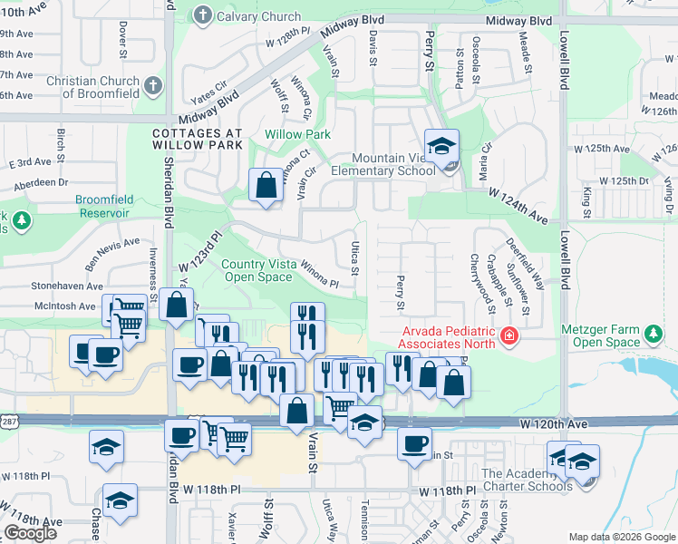 map of restaurants, bars, coffee shops, grocery stores, and more near 12276 Utica Place in Broomfield