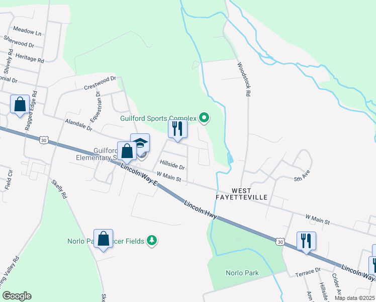 map of restaurants, bars, coffee shops, grocery stores, and more near 20 Harbo Road in Chambersburg
