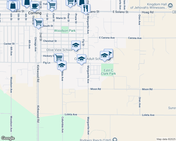 map of restaurants, bars, coffee shops, grocery stores, and more near 1666 Marguerite Avenue in Corning