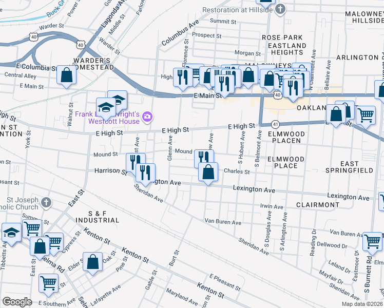 map of restaurants, bars, coffee shops, grocery stores, and more near 1585 Mound Street in Springfield