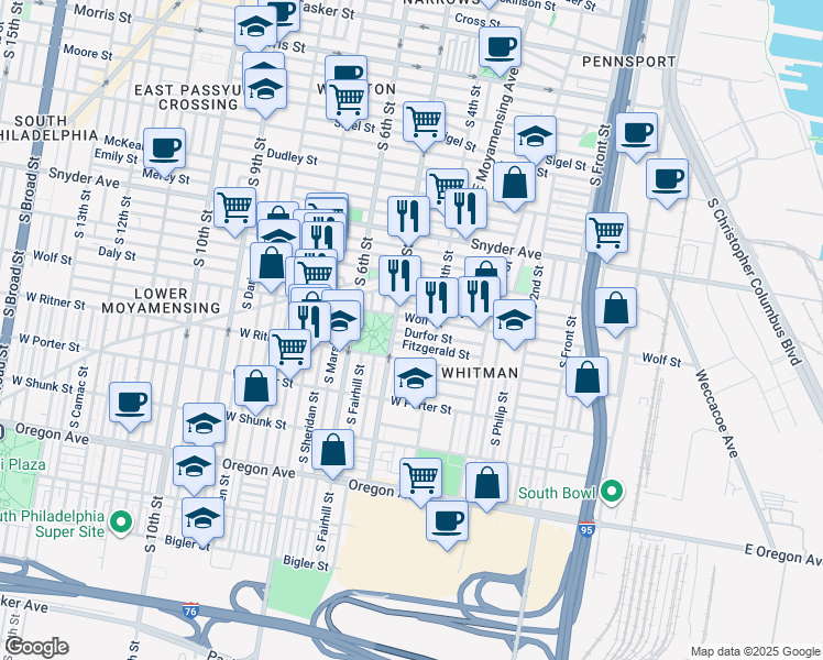 map of restaurants, bars, coffee shops, grocery stores, and more near 433 Durfor Street in Philadelphia