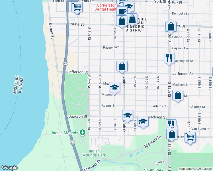 map of restaurants, bars, coffee shops, grocery stores, and more near 630 Madison Street in Quincy