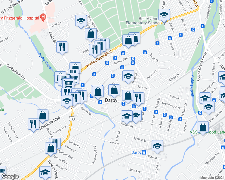 map of restaurants, bars, coffee shops, grocery stores, and more near 123 Verlenden Avenue in Darby