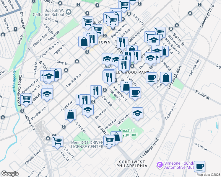 map of restaurants, bars, coffee shops, grocery stores, and more near 2519 Hobson Street in Philadelphia