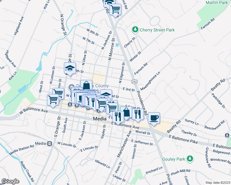 map of restaurants, bars, coffee shops, grocery stores, and more near 206 North Edgmont Street in Media
