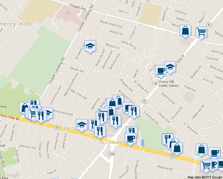 map of restaurants, bars, coffee shops, grocery stores, and more near 142 Ridge Circle in Cherry Hill