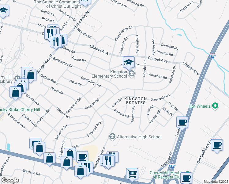 map of restaurants, bars, coffee shops, grocery stores, and more near 319 Cambridge Road in Cherry Hill
